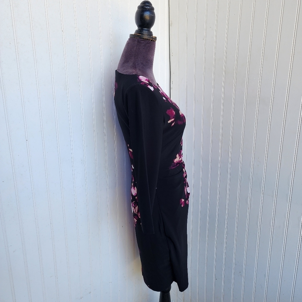 VTG Anne Klein Dress Ruched Black Pink Floral 3/4 Sleeves Stretch Womens Sz 2 - Picture 5 of 16